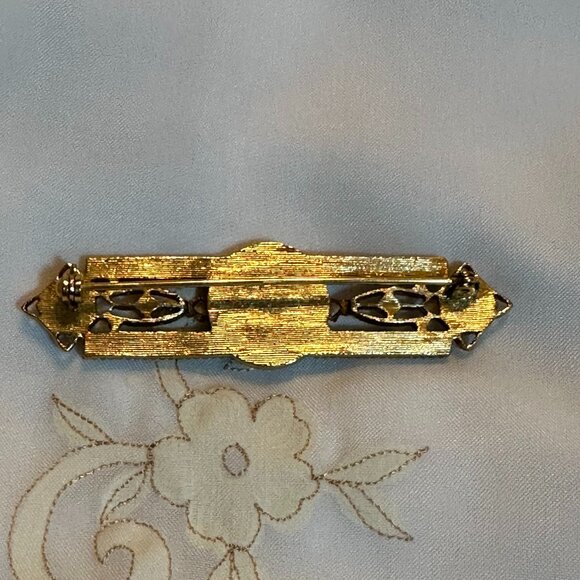 Vintage Art Deco Opal Glass Stone Black Enameled Gold Brooch - Picture 2 of 2